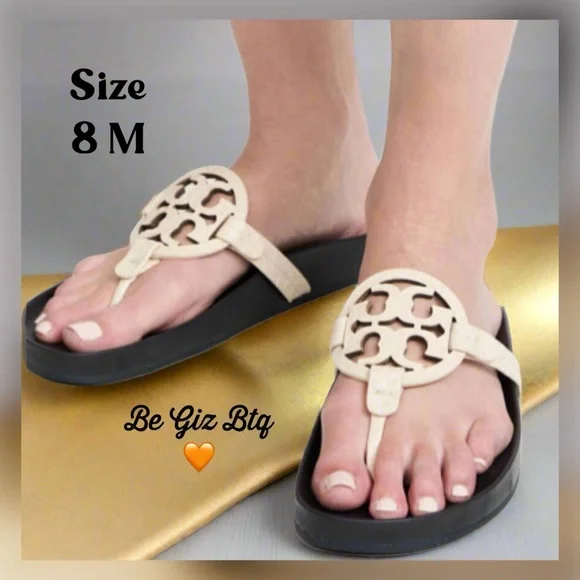 Tory Burch Authentic Leather Miller Cloud Leather Thong Slides Navy/Cream Size8M